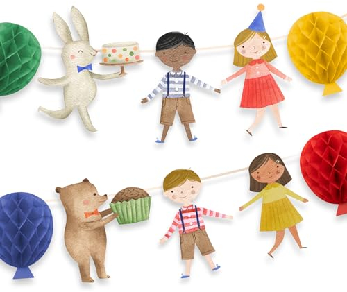 PARTY Kindergeburtstag Girlande, Waldtier Bär Hase Ballon Happy Birthday, Vintage Stil, Bunte Deko für Kleinkind Jungen Mädchen