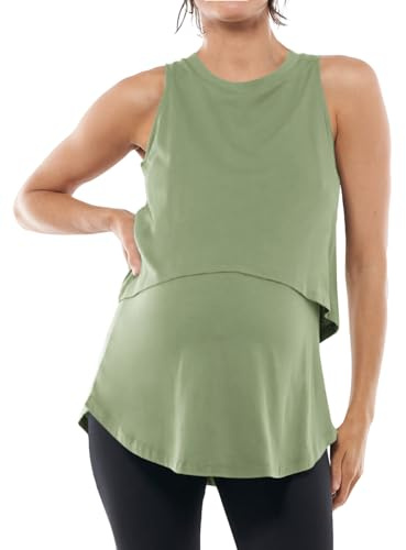 Tankaneo - Camiseta de maternidad sin mangas de doble capa para lactancia, camiseta de verano para mujer, ropa de embarazo, Verde militar, Large
