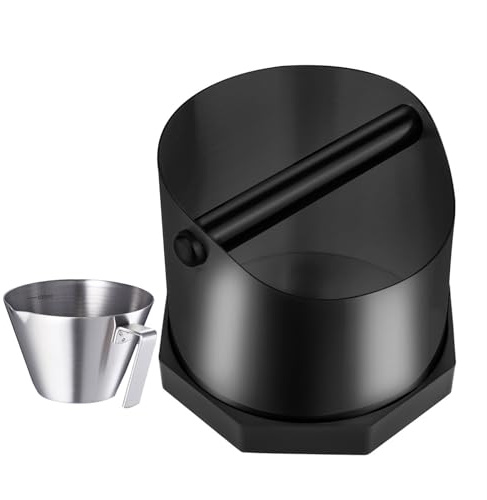 Gocoffun Kaffe knackbox, stor kapacitet espresso knackbox med halkfri bas, kaffemätningskopp, knackbox för kaffe och puck rostfritt stål för espressomaskin kaffebynt (svart)