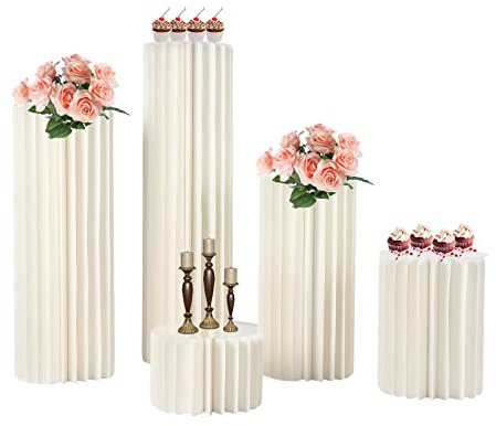 Konfiur 5 columnas de flores blancas, acrílicas, columnas decorativas para boda, cartón, soporte para flores, jarrones, juego de columnas decorativas, centro de mesa plegable de cartón, decoración