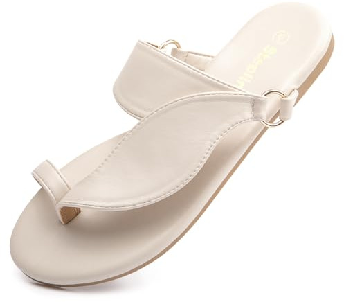 Women's Toe Loop Slide Sandals - Comfortable Slip-On Summer Flats, Lightweight and Stylish for Beach, Travel, and Daily Wear White 07