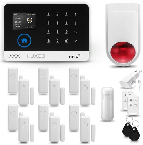 HUXGO® HXA003 Funk Alarmanlage Set WiFi + GSM 4G mit Alarmsirene Solar | Alarm System mit Bewegungsmelder, 12x Fensteralarm/Türsensoren | Alarmanlage fürs Haus, Wohnung, Wohnmobil | Smart Home