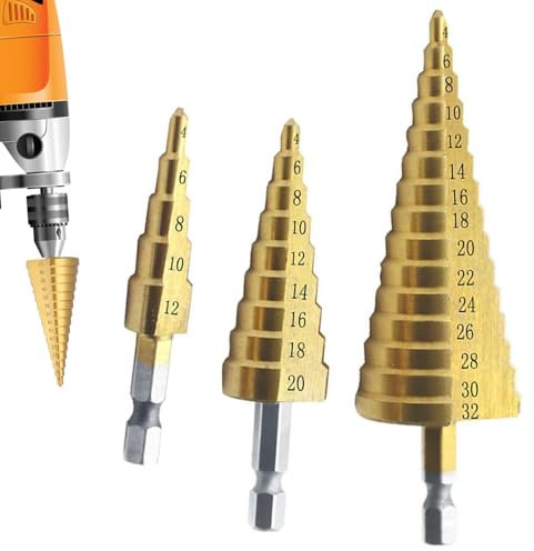 3 Pcs Large HSS Steel Step Cone Drill Set – Titanium Coated Step Drill Bits for Metal, Wood – Steel for Precision and Durability