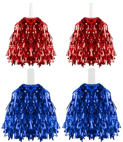4 Pezzi per Pon Pon Cheerleader, Pompon da Cheerleader Metallici, Pom Pom Cheerleaders, Palla da Cheerleading per Sport, Danze, Gare, Sportive, Feste di Carnevale (Rosso, Blu)