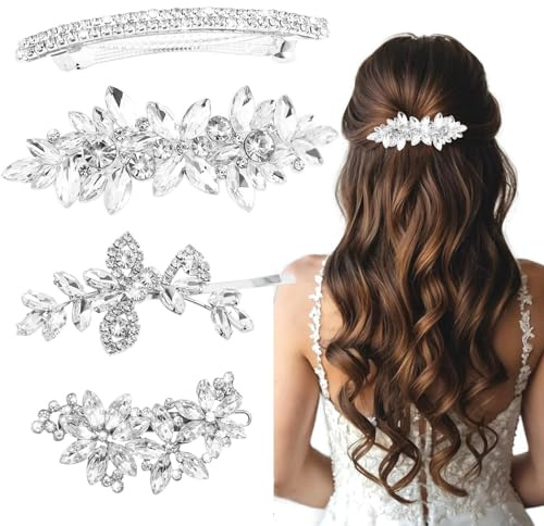 CharmBurst 4 pièces Pinces à Cheveux Brillantes argentées avec Strass, Bijoux de mariée pour Cheveux Mariage, Accessoires Cheveux soirée Quotidien, Barrettes Communion, Accessoires de Cheveux