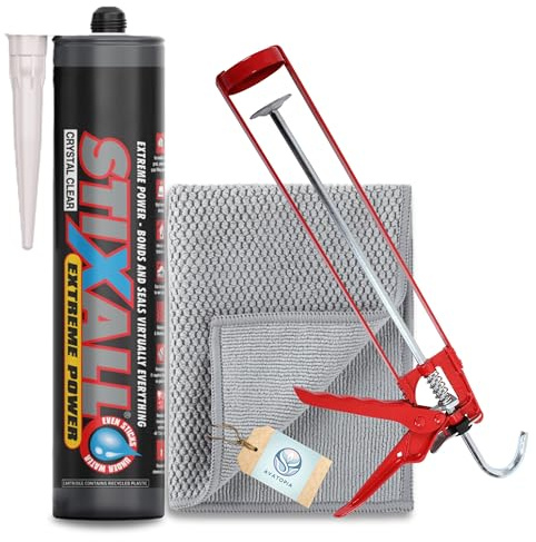 Stixall Extreme Power Sealant And Adhesive Crystal Clear 290ml, Pro Dec Skeleton Caulking Gun, Microfibre Cloth – Crystal Clear Silicone Sealer, Bathroom Sealant, Waterproof Outdoor Adhesive