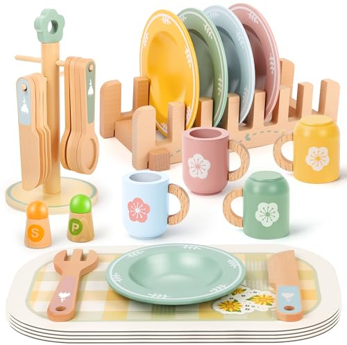 Charmofun Accesorios de Cocinita de Madera Infantil, 38 Piezas Accesorios de Cocina Juguete con Platos y Vajilla, Juegos de rol Regalo para Niñas y Niños de 3+ Años (Color-2)