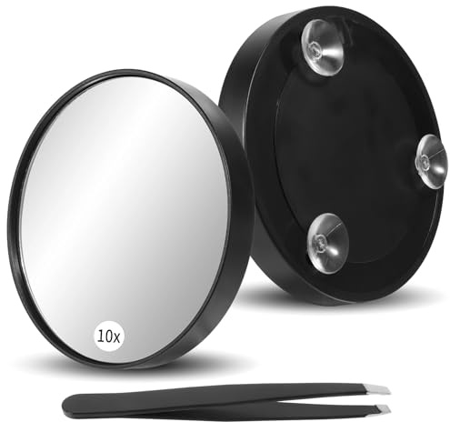 10X Magnifying Mirror with 3 Suction Cups, 4.5 Inches Magnified Makeup Mirror and Slant Tweezer Round Travel Makeup Mirrors with High Magnification for Travel, Cosmetic, Bathroom, Black