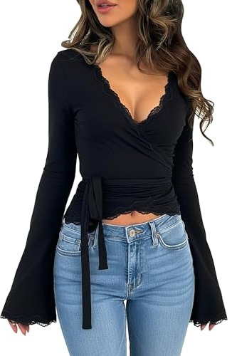 Coloquin Women Long Sleeve Lace Trim Wrap Top V Neck Tie Front Double Lined Bell Sleeve Going Out Tops Black S