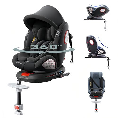 Aveainelle Seggiolino Auto Girevole a 360° con Poggiatesta Regolabile, Seggiolino Auto Multifunzione Regolabile con Rivestimento in Tessuto Rimovibile, Tettuccio e Poggiapiedi (Black High Version)
