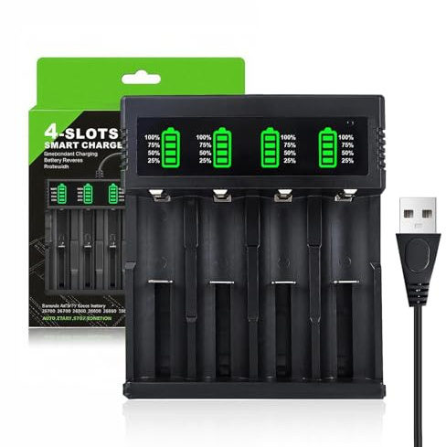 Cargador de Batería para 18650 10440 14500 16340 26650 26700 21700, 4 Ranuras Cargador Universal de Carga Rápida Recargables con Indicadora LED para 3.7V Li-Ion Batería, 53cm Cable USB