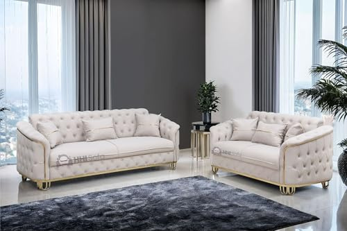 Luxury Turkish Chesterfield Plush Velvet Fabric 3+2 Seater Sofa - Convert the Back Seats for Extra Space (Cream)