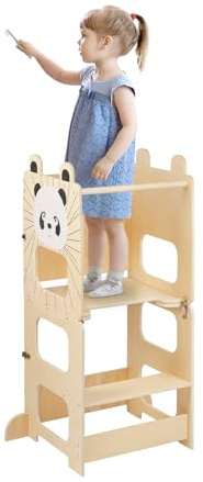 Tour d'apprentissage 3 en 1,Tour d'apprentissage Enfant,Tour d’Apprentissage/Tour d'Observation Montessori en Bois,Surface Anti-Dérapante,Table et Chaise pour Enfant (Panda)