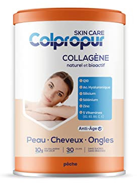 Collagène peau, cheveux & ongles - COLPROPUR Beauté – COLPROPUR D® en poudre + Acide Hyaluronique + Q10 – Collagène 340g – Saveur Pêche - 30 jours 10g par dose - Fabriqué en EUROPE
