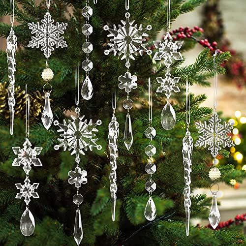 18 Pcs Acrylic Snowflake Icicles Christmas Snowflake Ornaments Hanging Icicle Drop Ornaments Set for New Year Party Christmas Tree Wedding Holiday Decorations