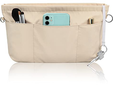 Grantop Organizador de bolsos de nailon, organizador de bolsos con llavero, organizador de bolsos de fieltro en bolsa organizador, bolsillos interiores para bolsos con llavero (beige L)