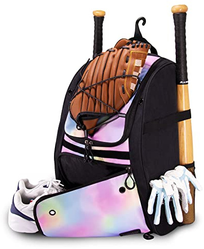Softball Bag, Youth Baseball Backpack Softball Bat Bag with Vented Shoe Compartment, Baseball Equipment Bag TBall Bat for Batting Mitten, Helmet, Teeball Gear Adult Boys Girls Christmas Pink