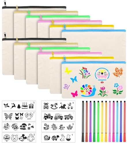 32 Stück Taschen Zum Bemalen Kinder, Stoffbeutel zum Malen, 12 Stoffbeutel Reißverschluss, 12 Buntstift und 8 Malen Schimmel, Kosmetiktasche, Stoff Federmäppchen für Schule, Party, Geschenk
