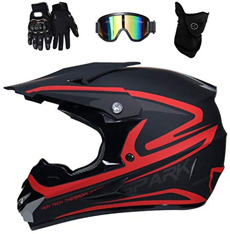 Full Face MTB Motocross Helmet with Goggles Gloves Mask, Adult Youth Off Road ATV Scooter Motorbike Helmet, Downhill Enduro BMX Quad Dirt Bike Crash Helmet, D.O.T Certified (Color : Red, Size : S/52
