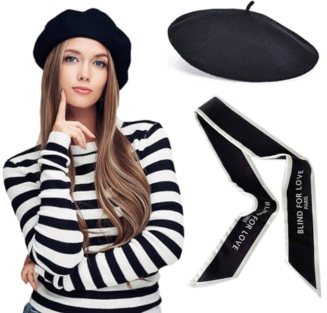 1 Stück Französische Baskenmütze Mit 1 Seidenschal, Beanie-Mütze Für Damen, Retro-Wintermütze, Weich Und Leicht, Modeaccessoire-Schmuck, Geeignet Für Treffen Mit Freunden, Partydekoration (Schwarz)