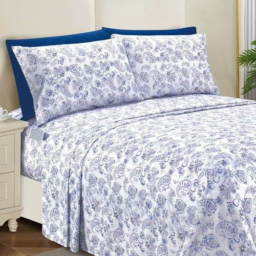 Elegant komfort, mjukaste och mysigaste 6-delade bäddset för dubbelsäng – 1 500 premium hotellkvalitet mikrofiber – djup ficka, skrynkelbeständig paisleymönster lakan, drottning, paisley indigo