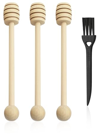 3 Honey Sticks, 1 Cleaning Brush, Wooden Honey Spoon, Honey Stirrer, Round Honey Stick, Long Handle Stirrer for Dispensing Honey