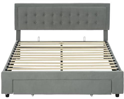 HOMCOM Upholstered Ottoman Bed with Storage Drawer and Adjustable Headboard, 5ft King Size Bed Frame with Gas Lift End Opening, Wooden Slats, No Mattress, Grey