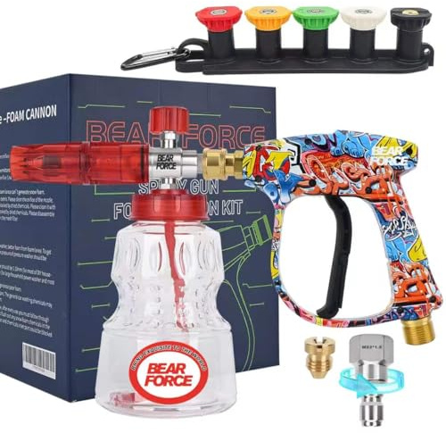 BEAR FORCE Pressure Washer Spray Gun Power Washer Short Gun with M22-ID14mm & Foam Cannon Foam Gun with 5 Nozzles Tips #035 & 3/8'' Quick Connector Swivel, Additional Orifice Nozzle 1.10mm Car Washing