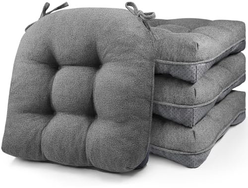 Chair Cushions for Dinning Chairs, Set of 4 Memory Foam Kitchen Chair Cushion with Ties and Non Slip Backing, Tufted Chair Cushions for Dining Room, 40cm x 40cm x 10cm Grey