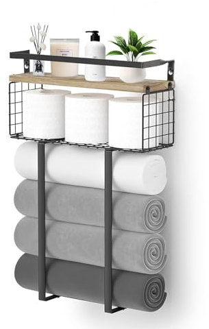 Towel Racks for Bathroom, Towel Rack Wall Mounted with Storage Basket, Metal Towel Holder for Rolled Towels, Towel Storage for Bathroom RV Camper Toilet