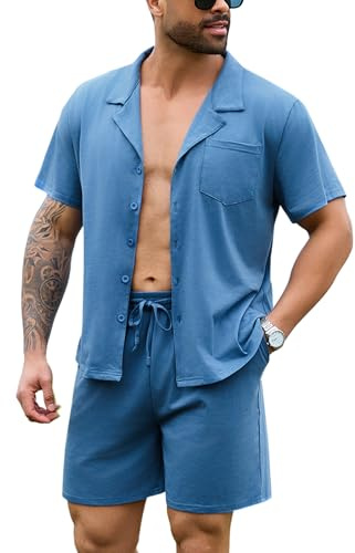 Irdcomps Pyjama Homme Coton Court Ete Ensemble de Pyjamas été Vêtements De Nuit Vêtements de détente à Manches Short Pyjama Col Rond Loungewear 2 Pièces Confortable Doux