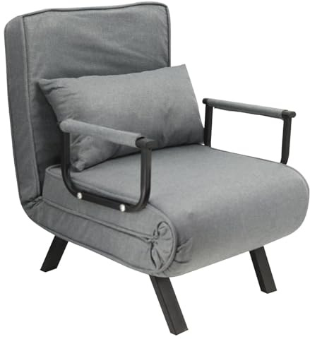 FEFE 4 In 1 Convertible Foldable Single One Seater Padded Lazy Sofa Chair Bed Chaise Lounger Couch Recliner Sleeper With Pillow In 3 Colours (Grey)