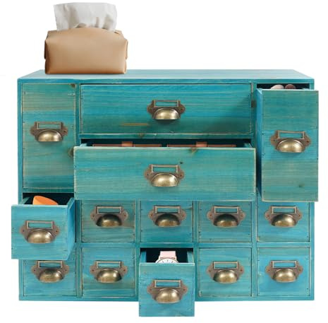 ZeStarDair Apothecary Cabinet with 14 Drawers Card Catalog Cabinet, Library Card Catalog Drawer with Metal Handles & Label Slot Wooden Desk Drawer Organizer for Herb Storage, Tea Collection (Blue)