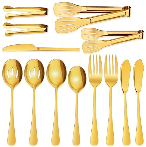 Homgaty Gold 13 Pieces Serving Utensils Include Large Serving Spoons, Slotted Serving Spoons, Salad Forks, Serving Tongs, Sweet Tongs,Butter Knife, Dinner Knive Server for Buffet Catering