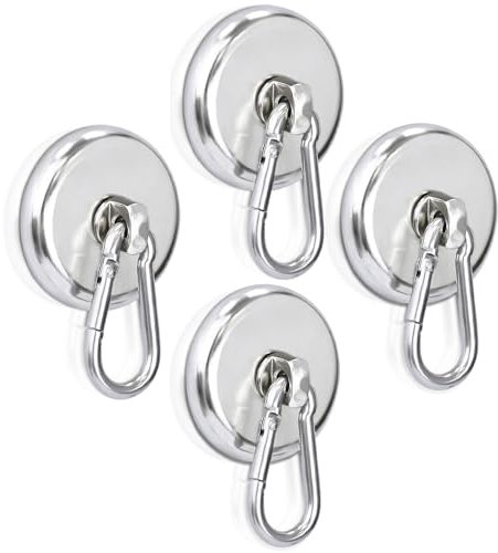FPMYB 4 ganchos magnéticos extra fuertes, imanes de neodimio de 42 mm con mosquetón, ganchos magnéticos, 50 kg, giratorio 360°, ganchos magnéticos para cocina, camping, garaje, oficina, imán de nevera