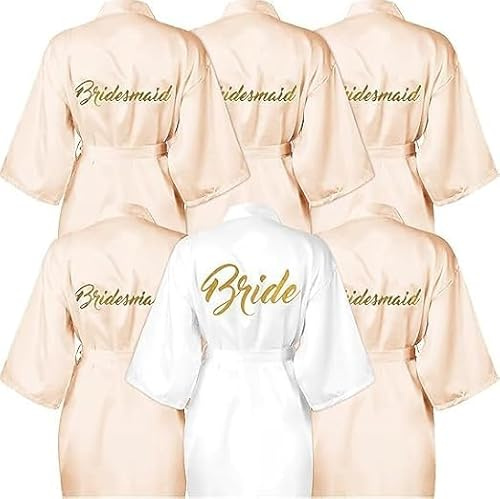 YFNVH Lot de 6 Peignoirs Mariage en Satin - 1 Robe de Chambre Bride Blanche + 5 Peignoirs Bridesmaid Champagne - Kimono Femme pour EVJF, Préparatifs de Mariée, Spa et Fête Prénuptiale - Taille Unique