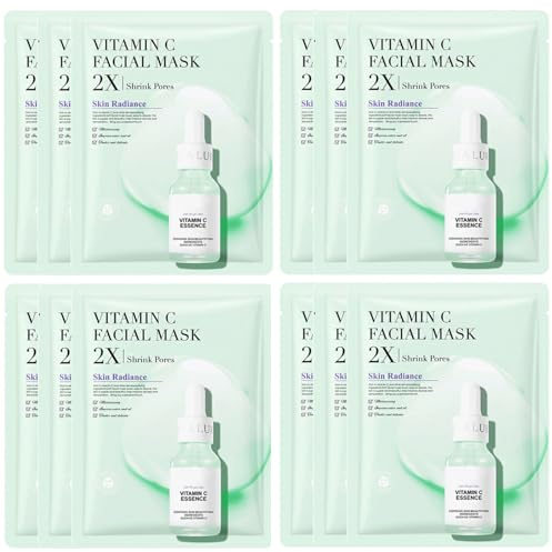 JORUN 12-Pack Återfuktande Ansiktsmasker Med C-Vitamin - Koreanska Ansiktsmasker, Återfuktande, Anti-Aging, Ljusare Ansiktsmasker, Skönhetsmultipack - Vegansk Ansiktsmask, Hudvård för Alla Hudtyper