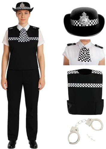 Polisdräkt för kvinnor – vuxen polisuniform outfit med polisväst, hatt, manschetter, epuletter och halsduk för maskeradklänning, rollspel, halloweenfest och svensexa