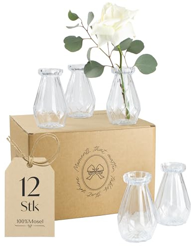100% Mosel Vases en Verre, Lot de 12 (14,5 cm x 8,9 cm) Petits Vases Transparents Design Diamant – Vases de Table pour Mariage, Baptême, Communion & Anniversaire