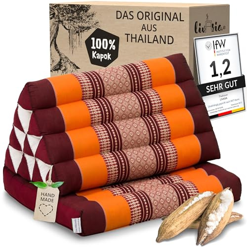 livasia Thai cushion with 1 seat rest - 30x20x3.1″ - Triangle cushion with seat cushion, Wedge cushion, kapok, Back support cushion, folding, Thai mat, folding, Hand made (Orange)