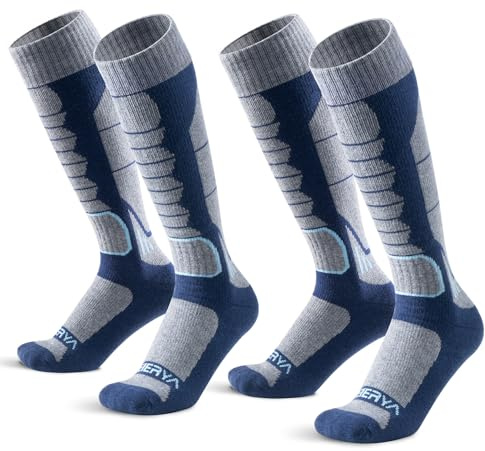 WEIERYA Merino Wool Ski Socks for Men, Skiing, Snowboarding, Hiking, Trekking, Thermal Winter Wool Socks, Pack of 2, Blue (9-12)