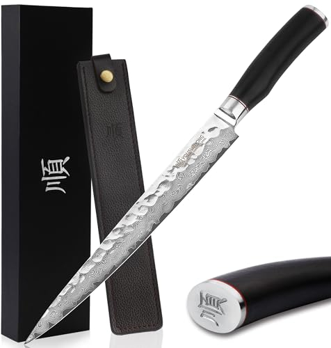 YOUSUNLONG Coltello da filetto Coltello da carne professionale Coltello da sashimi 24,5 cm Giapponese martellato VG10 Manico in acciaio damasco in legno di piombo naturale con fodero in pelle