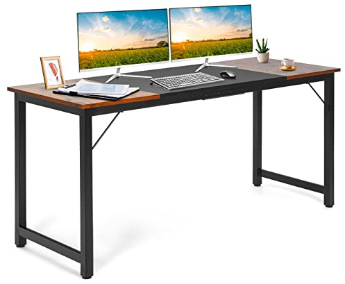 COSTWAY Computer Desk, Industrial Writing Workstation PC Laptop Table, Metal Frame Wooden Splice Board Home Office Bedroom Working Study Desk (160 x 60 x 75cm, Vintage+Black+Vintage)