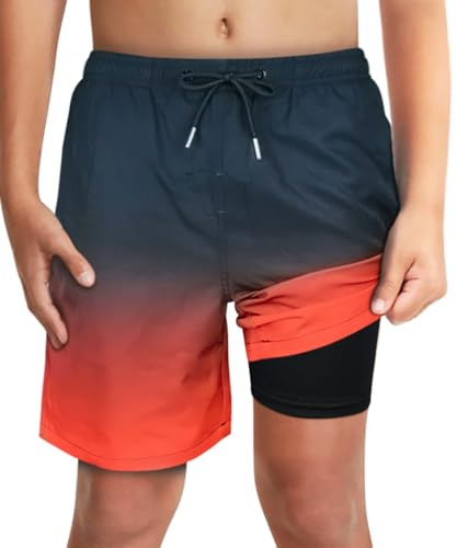 LUCOWEE Boys Black Red Ombre Swim Trunks with Boxer Brief Liner Anti Chafe No Binding Swimming Shorts Compression Lined 4-Way Stretchy UPF Quick Dry Bathing Suit Size 14-16