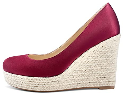 Aachcol Femmes Plate-Forme Compensé Escarpins Haut High Talon Heel Fermé Rond Bout Slip-on Dress Chaussures Mariage Party 10 CM Bourgogne Rouge Satin 45 EU