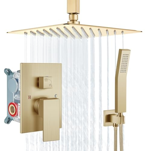 Aolemi 30 cm borstat guld takfäste duschsystem regn duschhuvud badrum duschkran set med handhållen spray mässing högtryck grov ventil och trimblandare ingår