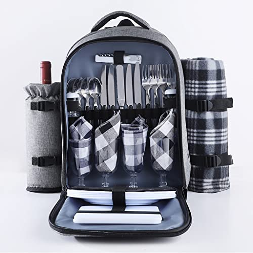 Picknickrucksack for 4 Personen mit Decke, Picknickkorb mit isolierter Kühlbox, Weintasche for Familienpaare (Grau)