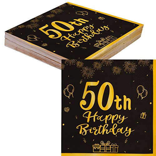 TOPWAYS Svart guld handduk 50 år gammal födelsedagsdekoration, 40 stycken servetter engångsservetter för dekoration 50 år gammal dam man (50 år)