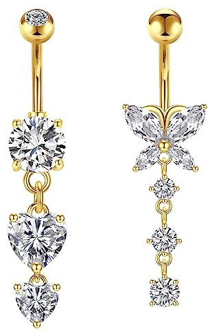 VCMART 2pz Barra dell'ombelico Anello dell'ombelico in acciaio chirurgico da 10mm 14G Cuore a farfalla con ciondolo per piercing al ventre Gioielli in oro