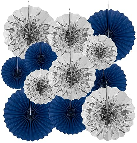 Papierfächer, königsblau und silber, Wanddekoration, Hintergrund, Decke, hängende Dekoration für Geburtstag, Abschlussfeier, Junggesellinnenabschied, Party, Dekoration, 12 Stück